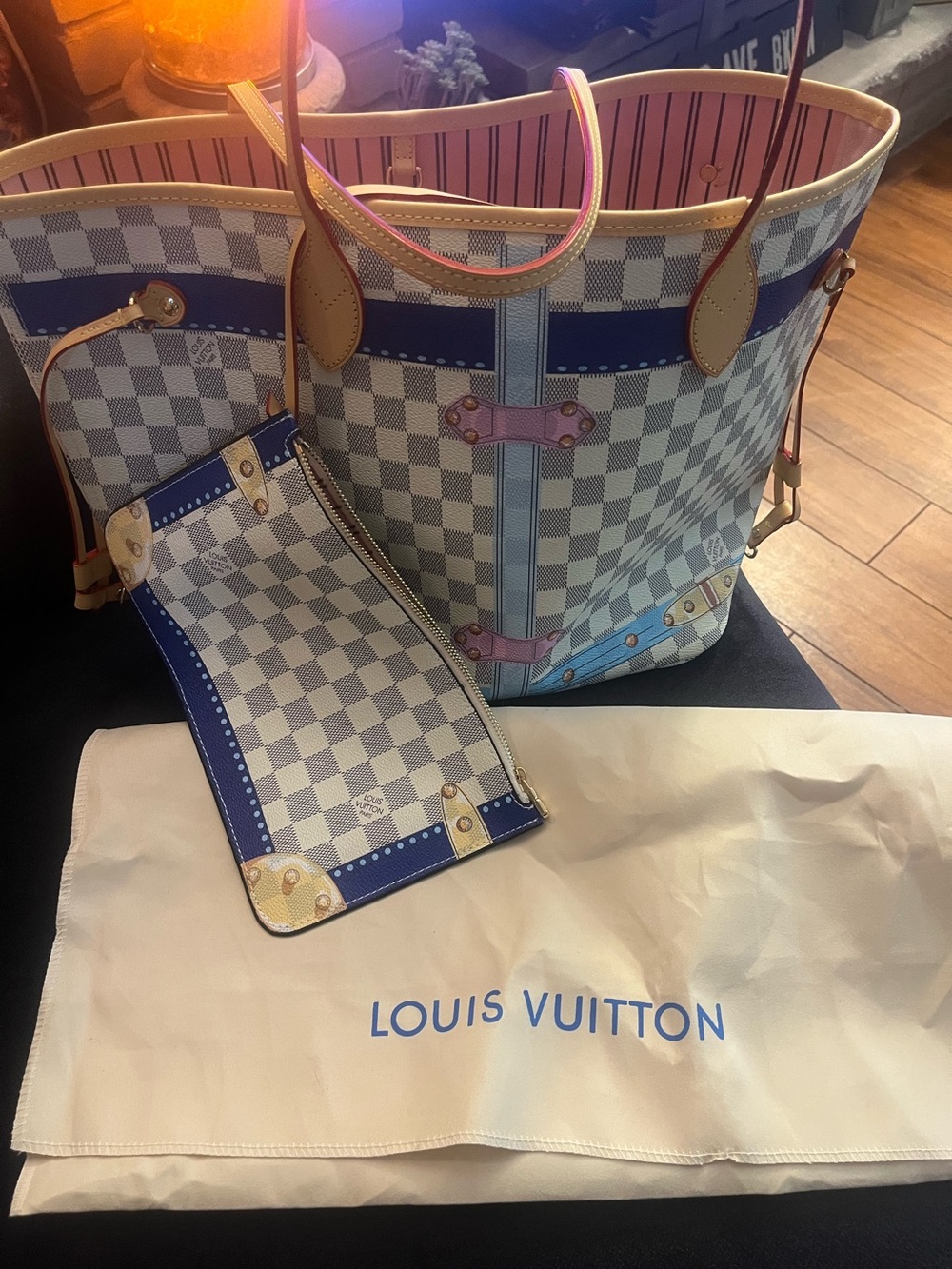 Louis Vuitton style Damier Azur Tote with Pink & Blue limited edition MM size